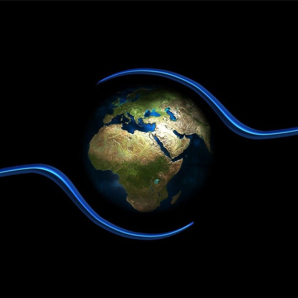 Earth being held by two blue lines